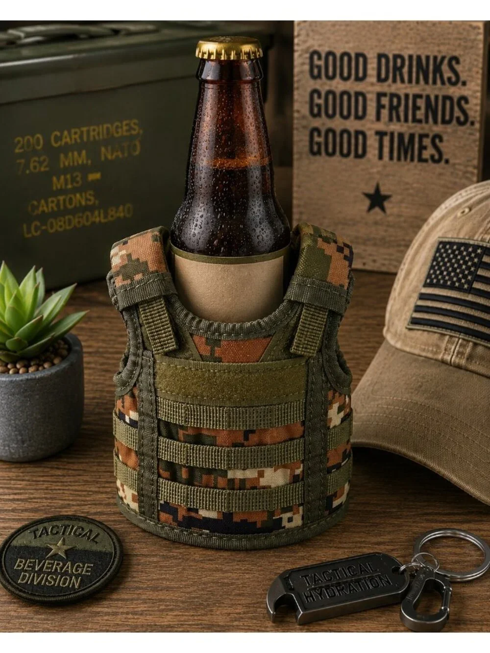 Mini Tactical Beer Bottle Vest MOLLE Camo Beverage Cozy Military Koozie